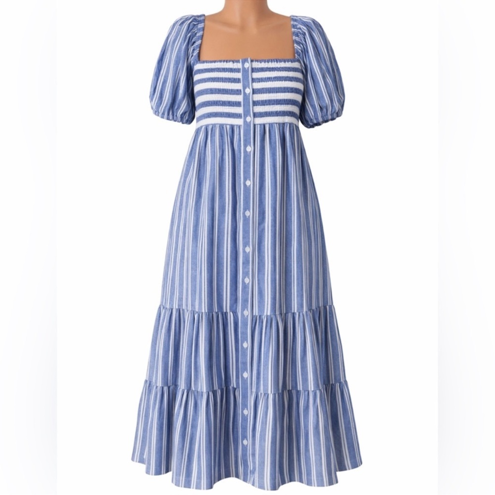 Emerson Fry Love Tomas Santiago Blue White Stripe Smocked Cotton Maxi Dress M/L